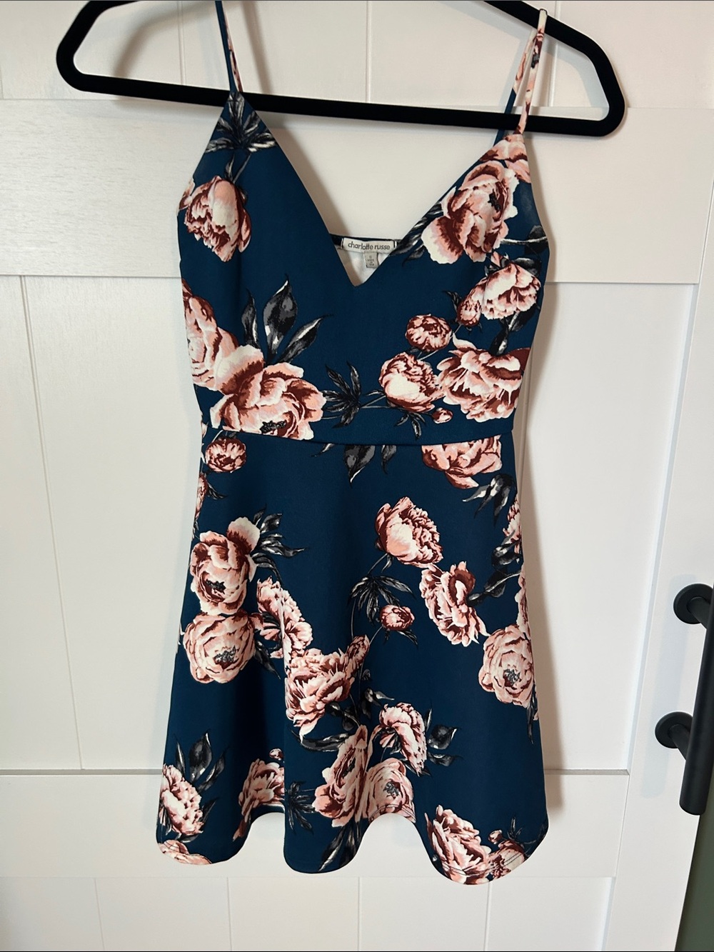 Floral V-Neck Spaghetti Strap Skater Dress - Navy with Blush Floral